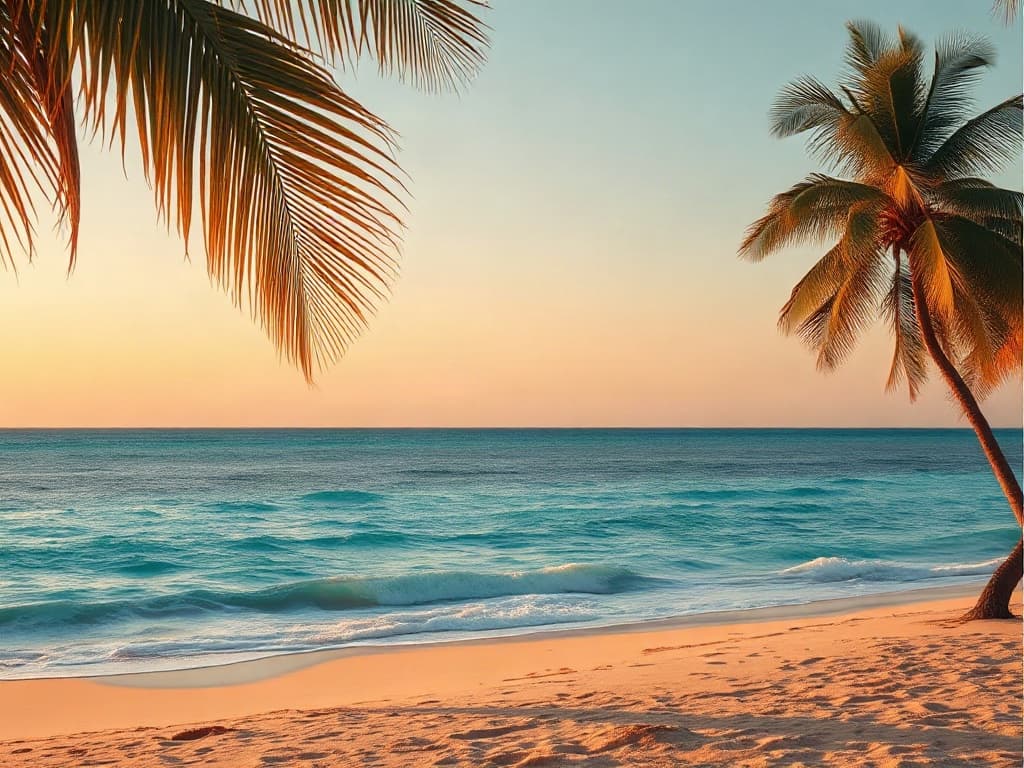 Turquoise Caribbean water meeting a sunlit beach at dawn